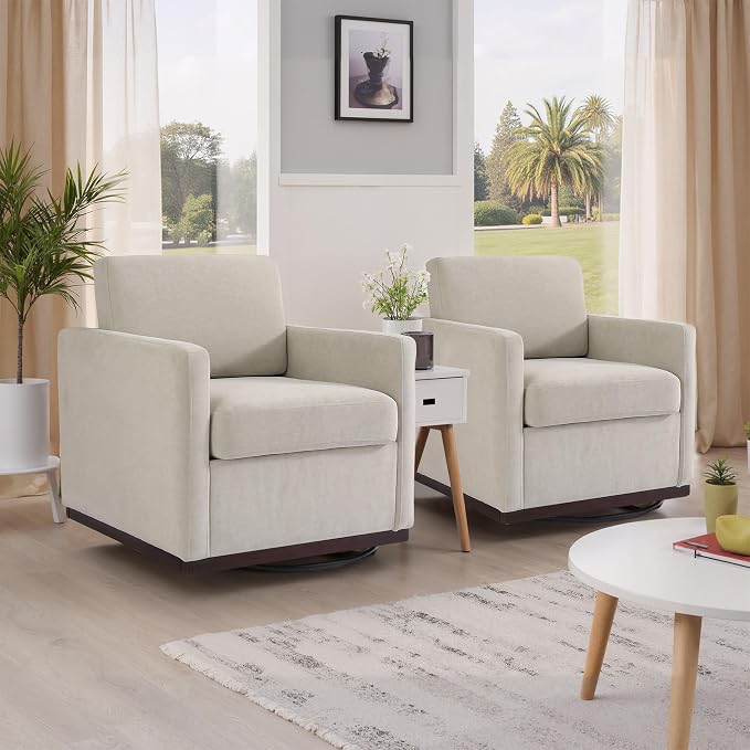 360° Swivel Accent Chairs Set of 2, 31" Wide Upholstered Club Armchairs for Living Room, Comfy Square Swivel Barrel Chair with Metal Base, Chenille Fabric, Light Sand