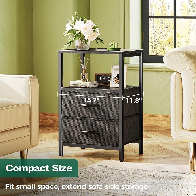 Huuger Nightstands Set of 2, End Tables with Charging Station, Side Tables with Fabric Drawers, Bedside Tables with USB Ports and Outlets, Night Stands for Bedroom, Black