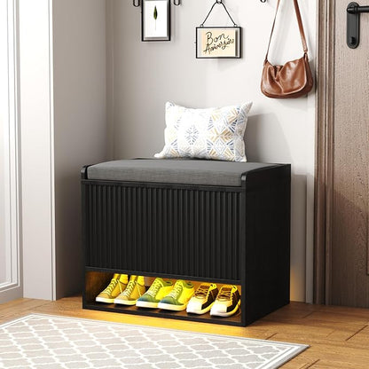 HOMEFORT 23.6" Fluted Shoe Storage Bench, Small Entryway Bench with Linen Seat Cushion, Shoe Cabinet Bench with Adjustable Shelf and Built-in LED Sensor Light, Bench for Bedroom End of Bed,Black