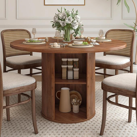 weselon 47 inch Round Dining Table for 4, Kitchen Table Dinner Table with 2-Layer Storage Shelf and Wood Slide Door for Home Dining Room Living Room (Walnut)