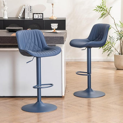 YOUTASTE Bar Stools Set of 2, Adjustable Swivel Counter Height Barstools with Back, All Navy Blue Faux Leather Upholstered Bar Chairs with Metal Base, Stools for Kitchen Island or Home Bar