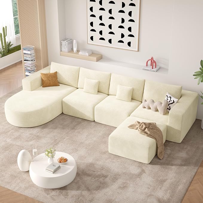 134" Boneless Couches for Living Room,Large U-Shaped Modular Sectional Sofa with Convertible Ottoman,Modern Cozy Cloud Couch in a Box,Sponge Compression Deep Seat Sofas with Chaise,Beige,1pcs