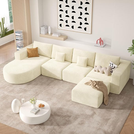 134" Boneless Couches for Living Room,Large U-Shaped Modular Sectional Sofa with Convertible Ottoman,Modern Cozy Cloud Couch in a Box,Sponge Compression Deep Seat Sofas with Chaise,Beige,1pcs