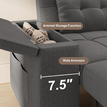 Ahomly 87" Convertible Sofa Bed – Space-Saving Sleeper with Pull-Out Design, Adjustable Backrest, Wide Armrests with Storage, Plush Cushions, Cozy for Small Spaces (Dark Grey)