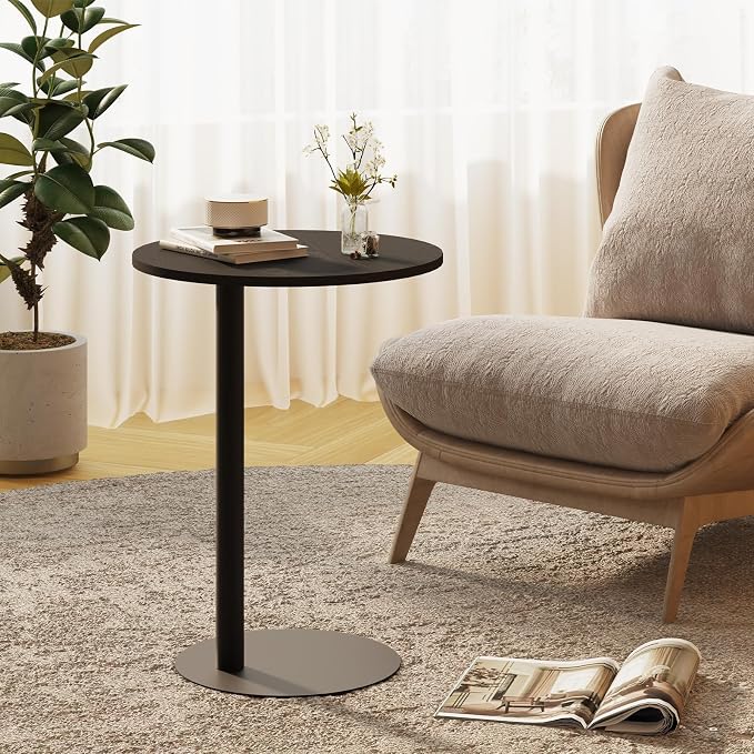 C Shaped End Table, Round Side Table, Small Drink Tv Tray Table for Small Spaces,Modern Accent Nightstand with Metal Leg for Living Room, Bedroom, Corners, and Office(Black)