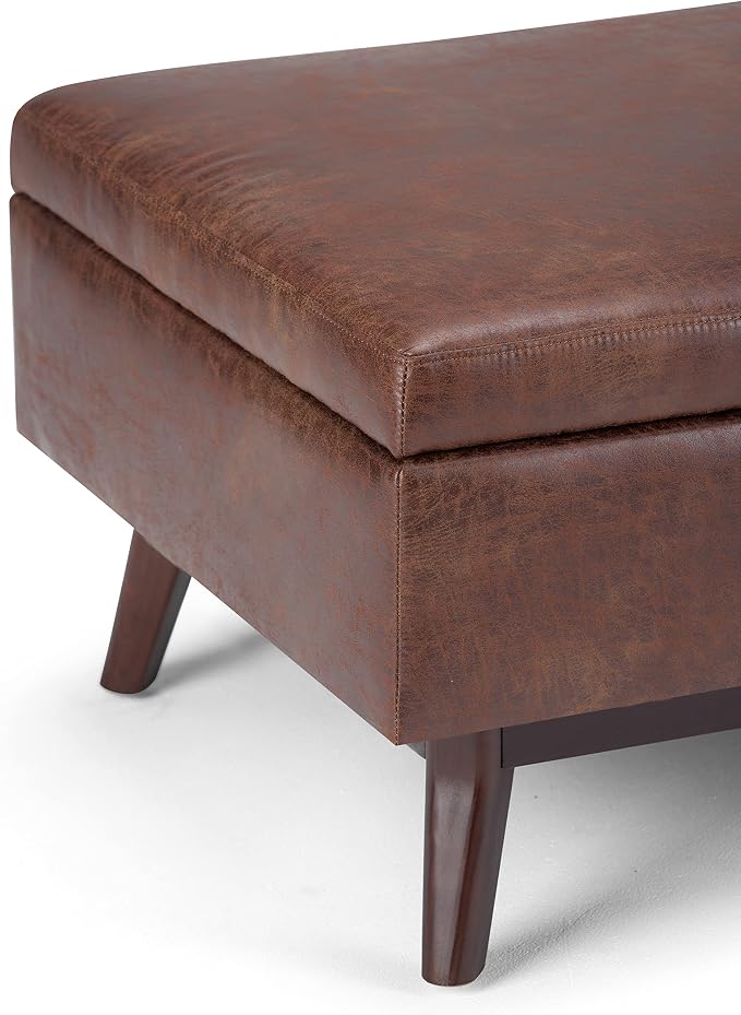 SIMPLIHOME Owen Coffee Table Storage Ottoman - 34" Wide x 19" High Upholstered Vegan Leather Rectangular Lift-Top Ottoman in Distressed Saddle Brown, Mid-Century Modern Bench with Tapered Legs