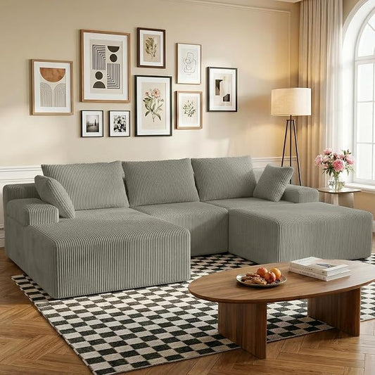kinmars 108" Boneless Sectional Couch,Corduroy Cloud Couch Sectional for Living Room,Modern U Shaped Modular Sectional Couch,3 Seater Sofa (Camel, 108.9" U Shaped with Ottoman)