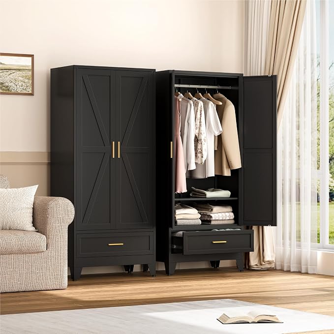 YAUWOH Farmhouse Wardrobe Cabinet with Drawers,Metal Wardrobe Closet with Hanging Rod,Metal Armoire with Adjustable Shelves for Bedroom, Cloak Room,Office （Black