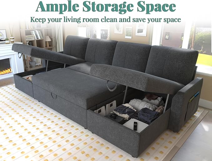 PaPaJet 110 Inch Sleeper Sofa, Oversized Pull Out Couch with Double Storage Chaise，U Shape Couches for Living Room, Gray