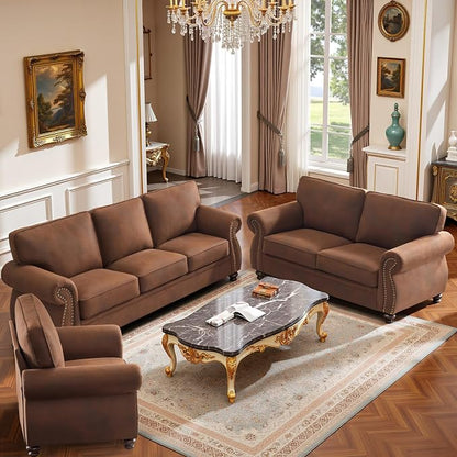 Couchus Living Room Furniture Sets,Sofa Sets and Couch Sets for Living Room,Mid-Century Vintage Sofa Couches with Rivet Design (Caramel Rust, Single+3 Seater)
