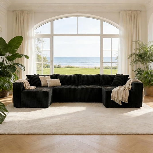 Claiks 128" U-Shaped Modular Sectional Sofa No Assembly Required, Oversized Cloud Couch with Double Chaise, Corduroy Fabric for Living Room & Apartment, Black
