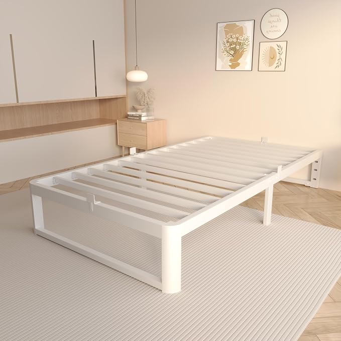 VYM 12 Inch Twin Bed Frame, Platform Bed Frames with Metal Gaskets, Anti-Slip Mattress Stopper, No Box Spring Needed, Heavy Duty Steel Slat Support, Round Corner Leg, Easy Assembly, White