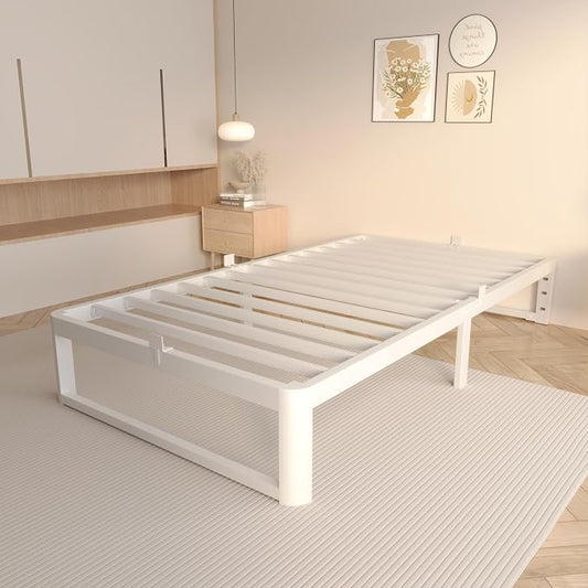VYM 12 Inch Twin Bed Frame, Platform Bed Frames with Metal Gaskets, Anti-Slip Mattress Stopper, No Box Spring Needed, Heavy Duty Steel Slat Support, Round Corner Leg, Easy Assembly, White