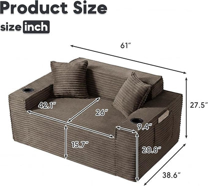 Boneless Sectional Sofa Couch with Cup Holders & Side Pockets, Modern Corduroy Fabric Deep Seat Loveseat Cloud Couch for Living Room Office, No Assembly (Brown)
