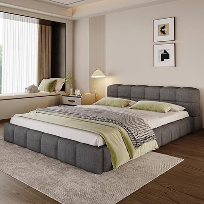 Merax Queen Size Elegant Chenille Upholstered Platform Bed with Thick Headboard and Footboard, Checkerboard Design Upholstery Grounded Bed Frame, Gray