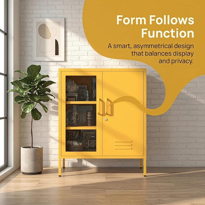 33" Tall Yellow Metal Locker Storage Cabinet with Lock Left Glass Door and Right Metal Door 2 Adjustable Shelves Steel Storage Organizer for Foyer Living Room Size：33" H X 29.5" W X 13.8" D