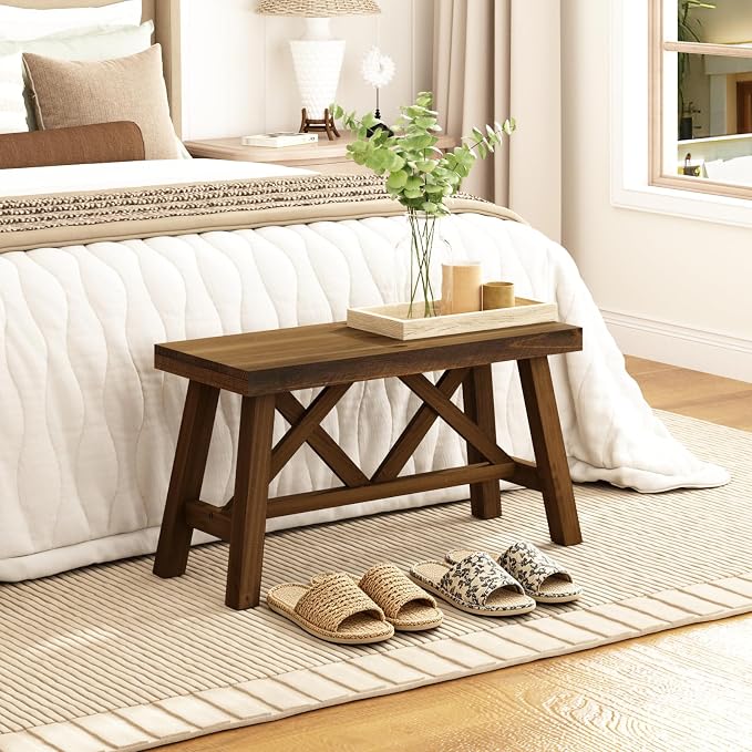 Wnutrees 30" Farmhouse Wood Bench, Rustic Solid Wood Entryway Bench Seat with Double X-Structure for Dining Area Living Room Hallway, Structural Stability, Natural