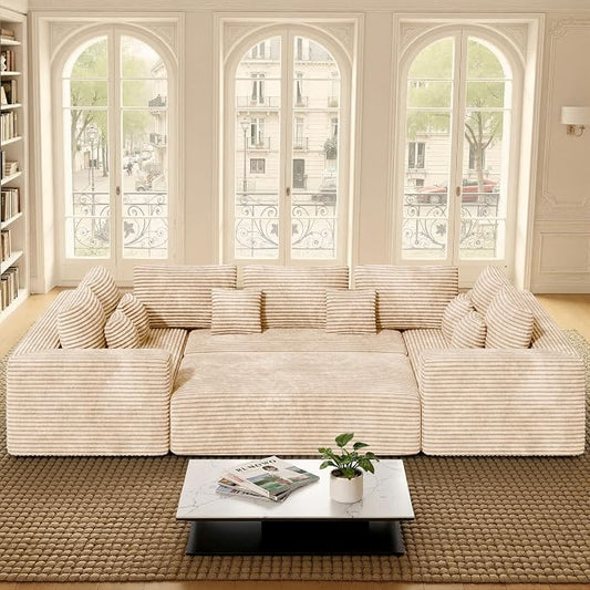 Luxanimarion 136'' Large Sectional Cloud Couches with Chaise, U Shaped Boneless Sofa Bed with Ottoman, No Assembly Required Deep Seat Modular Lounge for Living Room 4PCS Set, Bedroom(Khaki)