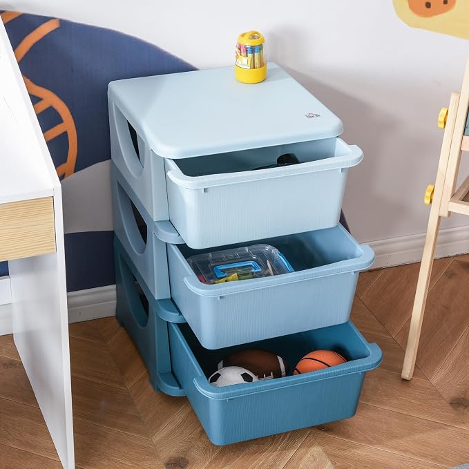 Qaba 3 Drawers Kids Storage Unit, 3 Tier Stackable Toy Organizers and Storage Chest for Bedroom, Nursery, Playroom, Living Room, Boys, Girls, Toddlers, Blue