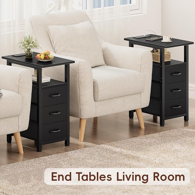 Vagusicc Black End Table with Charging Station Set of 2, Narrow Side Table, Narrow Nightstand with 3 Fabric Drawers, Slim Sofa Side Table for Small Spaces, Small Night Stand for Bedroom, Black