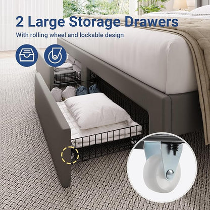 Allewie King Bed Frame with 2-Tier Storage Headboard, Charging Station & LED Lights, Velvet Upholstered Platform Bed with 2 Drawers, Wingback Headboard, Gold Button Tufted, No Box Spring Needed, Grey