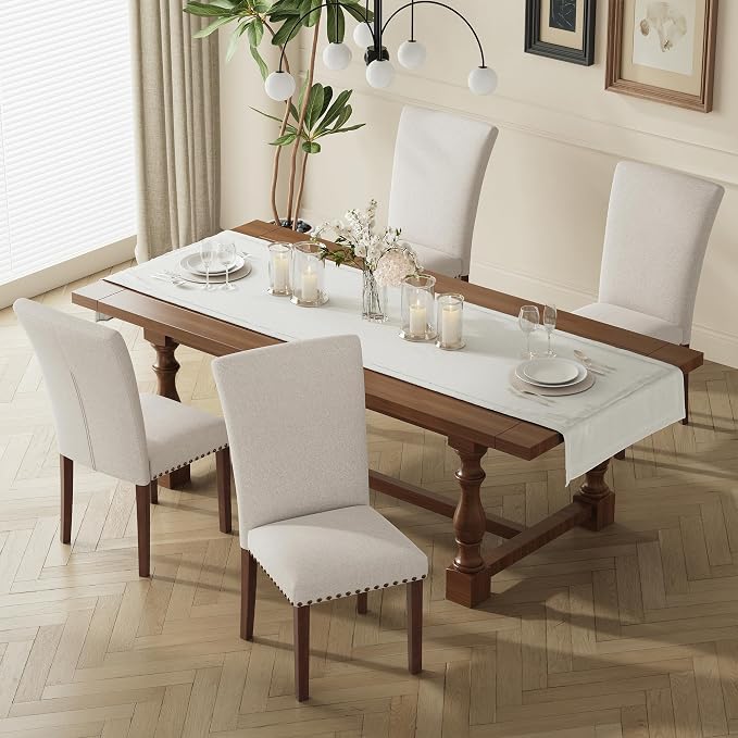 MALOL High Back Dining Chairs Set of 2, Upholstered Dining Room Chair with Wood Legs and Nailhead Trim, Modern Padded Kitchen Chairs for Dining Room/Restaurant, Beige
