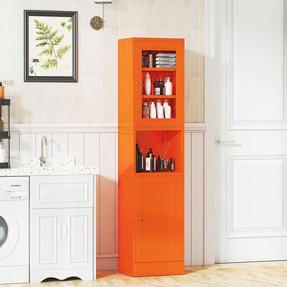 67" Tall Metal Pantry Cabinet with Microwave Stand,Microwave Storage Cabinet with 2 Doors & 3 Adjustable Shelves for Kitchen (2 Glass Doors-Orange, 11.81" D x 15.75" W x 66.93" H)