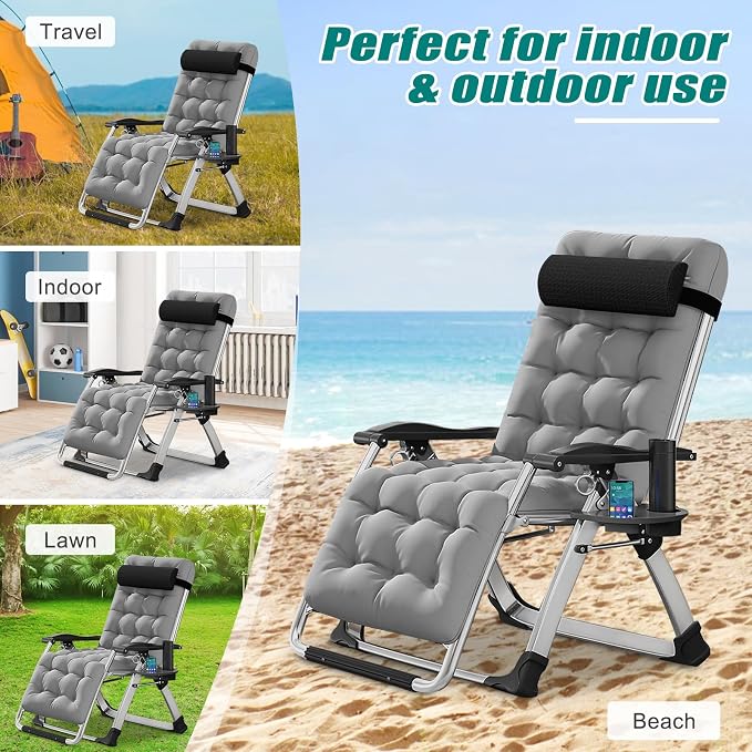 DoCred Zero Gravity Chair, Folding Chairs Lawn Recliner, Reclining Patio Lounger Chair, Folding Portable Chaise with Detachable Soft Cushion, Cup Holder, Headrest