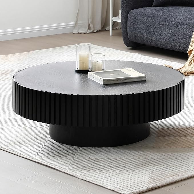 31" Round Black Coffee Table for Living Room, Mid Century Modern Coffee Table with Sturdy Pedestal, Circle Center Table Accent Tea Table for Apartment