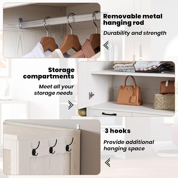 ANCTOR Armoire Wardrobe Closet, 71" H Wooden Clothing Storage Cabinet with 2 Doors and 2 Drawers, Bedroom Freestanding Wardrobe Combination with Hanging Rod and Shelves, White