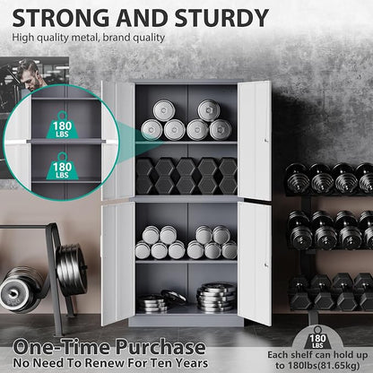 SISESOL Storage Cabinets With Doors And Shelves, 71'' Metal Garage Cabinet Locking, Adjustable Layers For Home Gym, bathroom, kitchen, office, Gray White