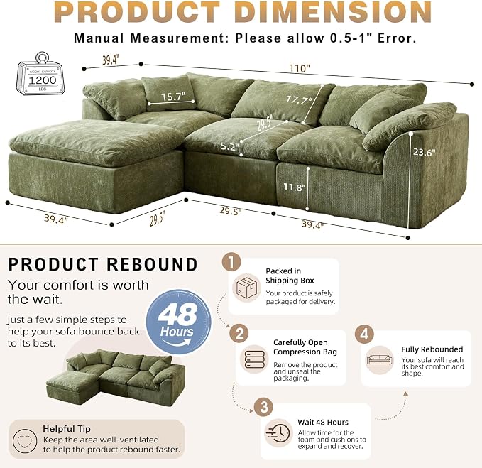 110" Boneless Cloud Couch Sectional for Living Room, Oversized Modular L Shaped Sofa with Ottoman, Deep Seat Chenille Sectional Couch for Cloud-Like Comfort (OliveGreen)