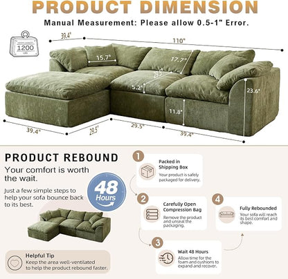 110" Boneless Cloud Couch Sectional for Living Room, Oversized Modular L Shaped Sofa with Ottoman, Deep Seat Chenille Sectional Couch for Cloud-Like Comfort (OliveGreen)