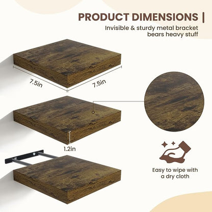 Fun Memories Floating Shelves for Wall - 7.5 Inch Square Shelves with Invisible Brackets, Small Wall Shelf for Living Room, Bathroom, Bedroom, and Kitchen Decor Brown Set of 3