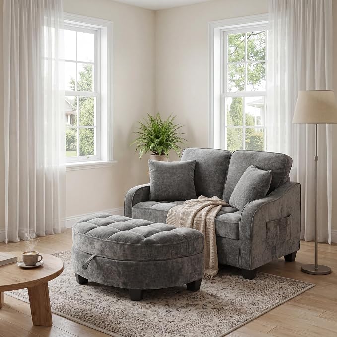 ERYE Chenille Tufted Loveseat Sofa and Ottoman Set, Tufted Recliner Sleeper Chaise Lounge with Curved Storage Ottoman,Reclining Backrest and Side Pockets, 4 Pillows