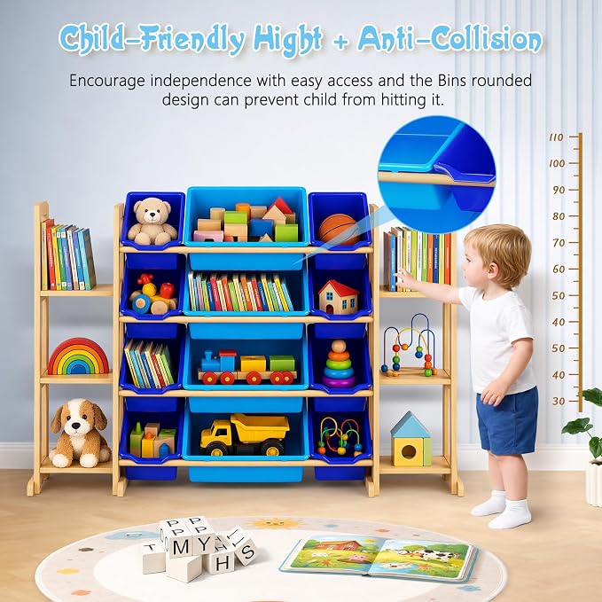 Kids Toy Storage Organizer with Bookshelf – Wooden Shelf with 12 Bins & 6 Shelves, Quick Assembly Storage Rack for Playroom, Bedroom, Nursery– Blue