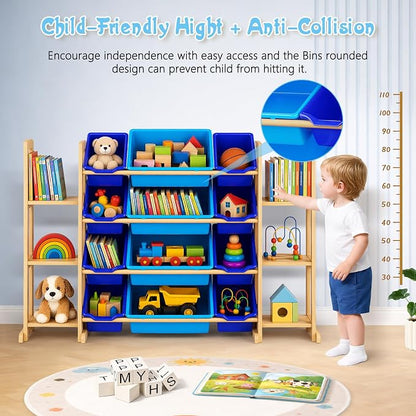 Kids Toy Storage Organizer with Bookshelf – Wooden Shelf with 12 Bins & 6 Shelves, Quick Assembly Storage Rack for Playroom, Bedroom, Nursery– Blue