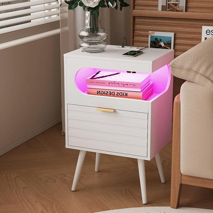 Veegle Nightstand,Modern Bedside Table with Storage Drawer and Open Wood Shelf, Accent Night Stand with Solid Wood Legs for Living Room, Bedroom and Small Spaces,Easy Assembly (White-1)