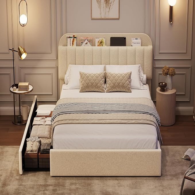 GarveeHome Twin Bed Frame with Storage Headboard, Kids Bed Frame with 2 Drawers, Boucle Upholstered Platform Bed with Bookcase, No Box Spring Needed, Easy Assembly, Ivory White