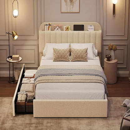 GarveeHome Twin Bed Frame with Storage Headboard, Kids Bed Frame with 2 Drawers, Boucle Upholstered Platform Bed with Bookcase, No Box Spring Needed, Easy Assembly, Ivory White