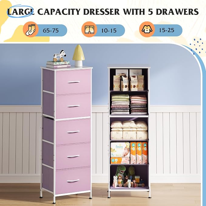 WLIVE Fabric Dresser for Bedroom, 5-Drawer Tall Dressers, Storage Organizer with Fabric Bins, Wood Top, Sturdy Steel Frame, Chest of Drawers for Closet, Hallway, Cloudy Pink