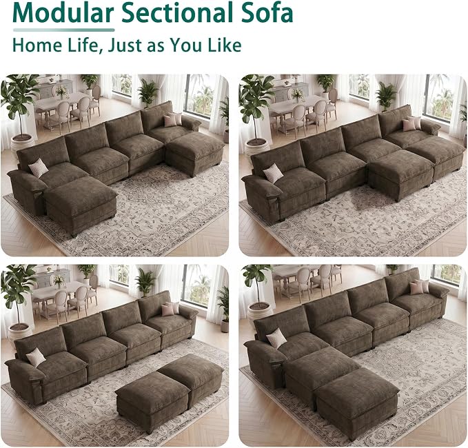Modern U Shaped Sofa Couches for Living Room, Modular Sectional Cloud Couch with Movable Ottoman, Comfy Chenille Sofa for Apartment and Small Space, Taupe