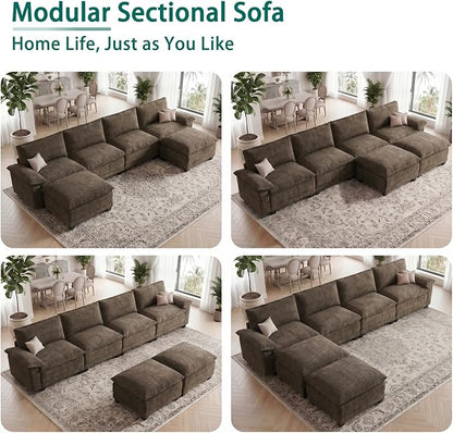 Modern U Shaped Sofa Couches for Living Room, Modular Sectional Cloud Couch with Movable Ottoman, Comfy Chenille Sofa for Apartment and Small Space, Taupe
