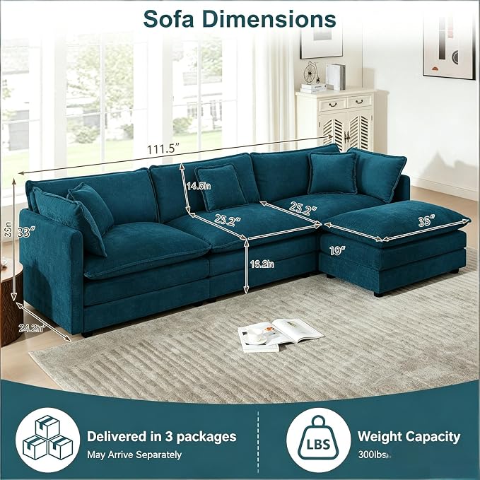 111.5" Modular Sectional Sofa, Large L Shaped Sectionals Cloud Couch, Big Comfy 3-Seat Couch with Ottoman, 4 Seater Chenille Sectional Sofa with Deep Seat and 5 Pillows for Living Room- Blue