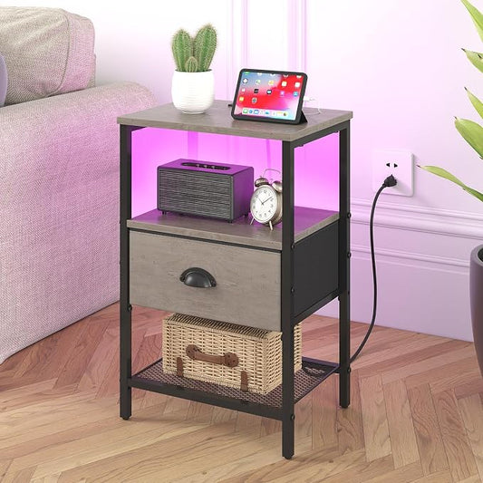 sthmec Nightstands Set of 2, LED Night Stands with Charging Station and Fabric Drawer, Bedside Tables with Drawers, 2- Tier LED Side Table End Table Charging Station Bedroom, Grey