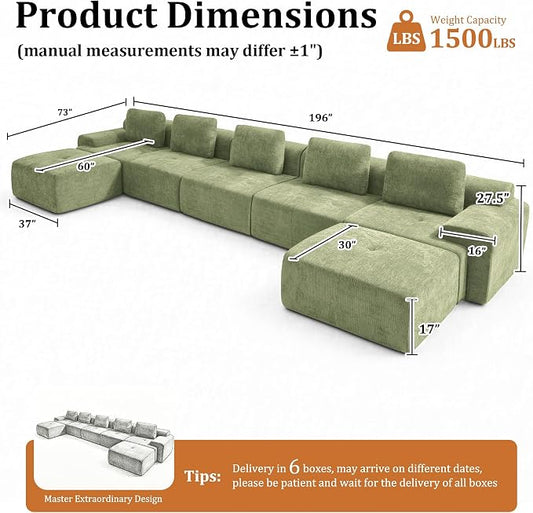 196" U Shaped Oversized Boneless Couch, Comfort Cloud Sectional Couches for Living Room, Modular Sofa High Back & Extra Deep Seat, No Assembly, Chenille (Olive Green, 196 inch-U Shaped（5+2）)