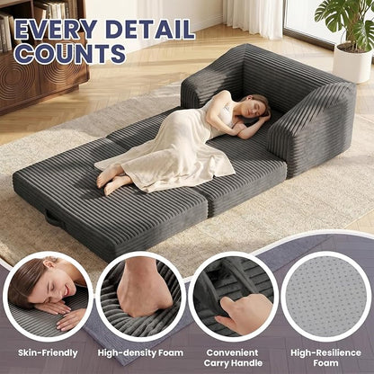 JUIKURY Convertible Sofa Bed, 3-in-1 Foldable Loveseat Couch with Armrest, Corduroy Floor Sofa & Sleeper Bed, No Assembly High-Density Foam Futon Mattress for Living Room, Small Apartment, Dorm