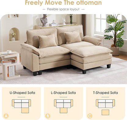 87" Corduroy Modular Sectional Sofa, Convertible L Shaped Modular Sofa Comfy Cloud Couch with Ottoman, Side Pockets and 2 Throw Pillows for Living Room, Kahki, 3 Seats