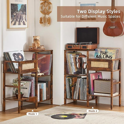 LELELINKY Record Player Stand, Vintage Brown Wood Record Holder with Vinyl Storage Holds up to 300+ Albums, 3-Tier Rattan Media Table with Vinyl Display Shelf, Record Storage Cabinet for Living Room