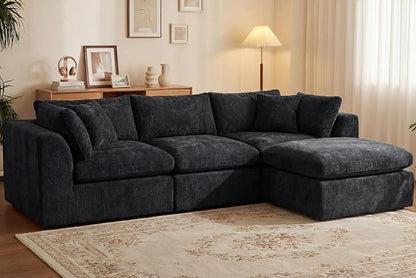 GRUSIGN 110'' Oversized Boneless Cloud Couch for Living Room, Modern Big Sectional Compressed L Shape Couch with Ottoman, Comfy Chenille Deep Seat Memory Foam Spineless 4 Seater Sofa, Black
